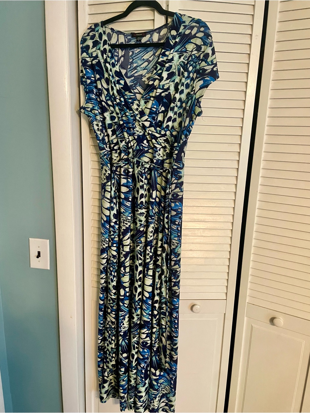 Blue & Green Printed V-Neck Maxi Dress